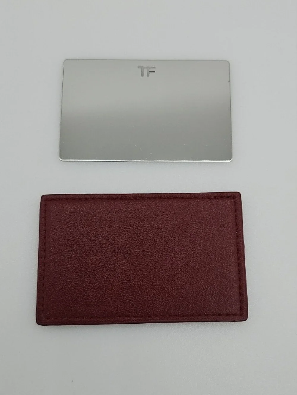 Tom Ford Silver Mirror Card with Burgundy Leather Card Sleeve
